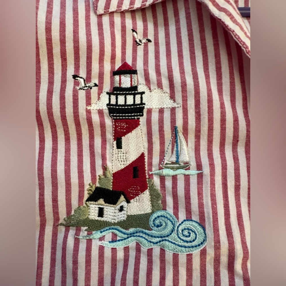 Coastal grandma nautical lighthouse button up striped top Blair medium - Picture 8 of 10